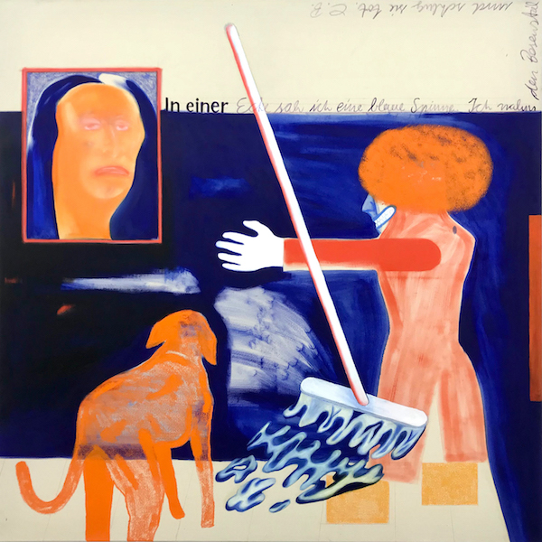 Paul Glaw: Ich fühle, wie mir das Blut in den Schläfen pochte, 2019, oil, oil pastel on canvas, 180 x 180 cm 

